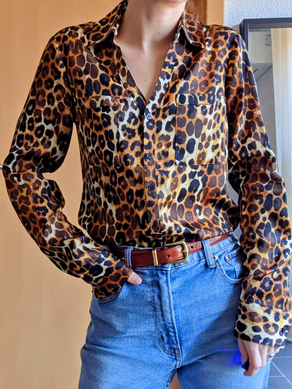 Express The Portofino Shirt Slim Fit Button Down Long Sleeve Top Cheetah Size XS - Picture 6 of 16